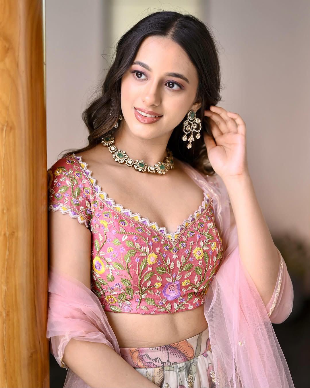 Printed Chinon Silk Flared Lehenga Choli Set with Sequins Embroidery & Net Dupatta