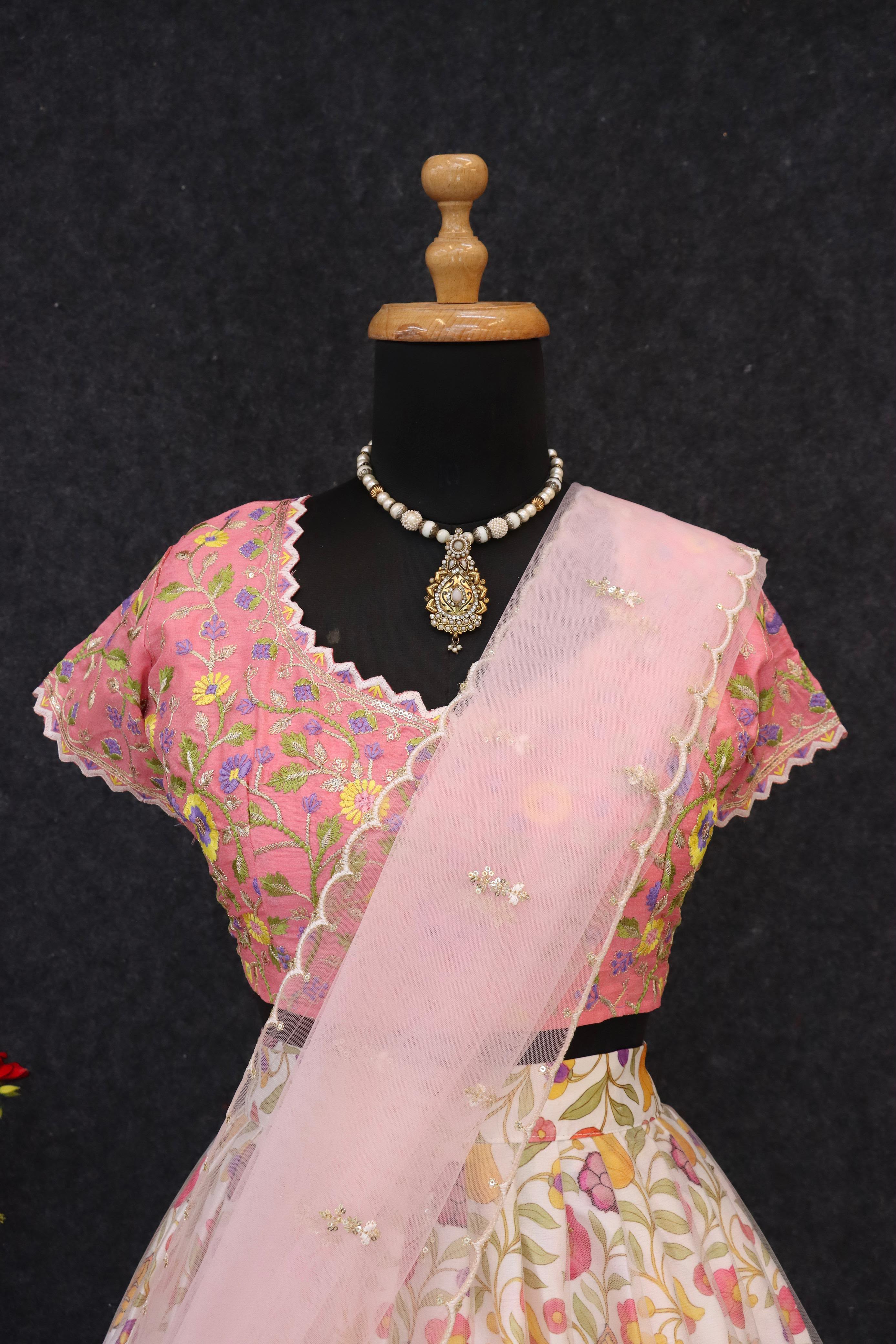 Printed Chinon Silk Flared Lehenga Choli Set with Sequins Embroidery & Net Dupatta