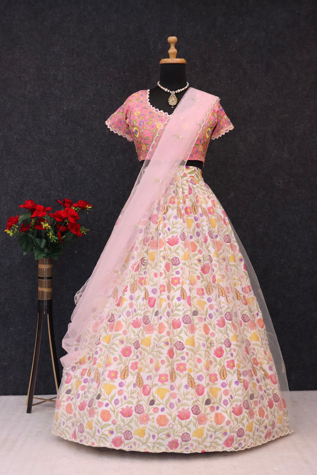 Printed Chinon Silk Flared Lehenga Choli Set with Sequins Embroidery & Net Dupatta