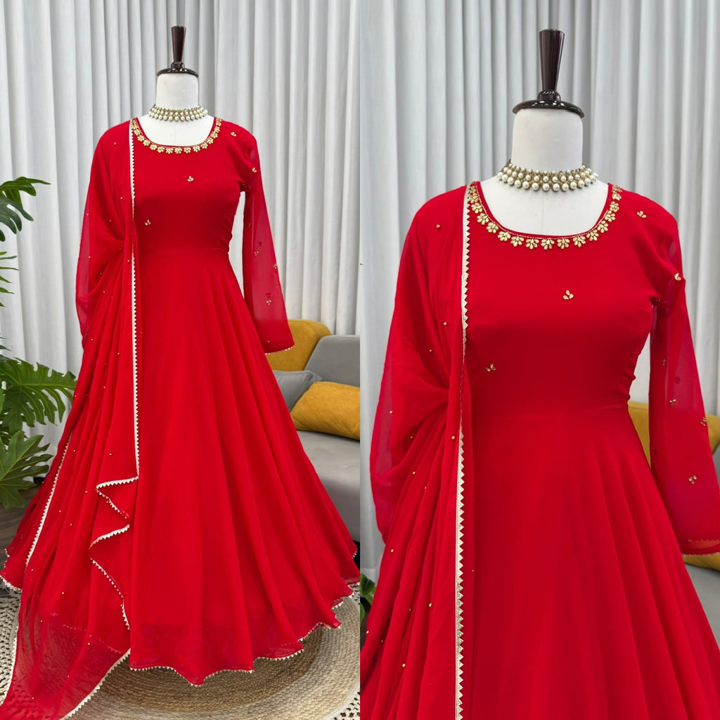 Handwork & Stone Embroidered Faux Georgette Flared Gown Set with Dupatta