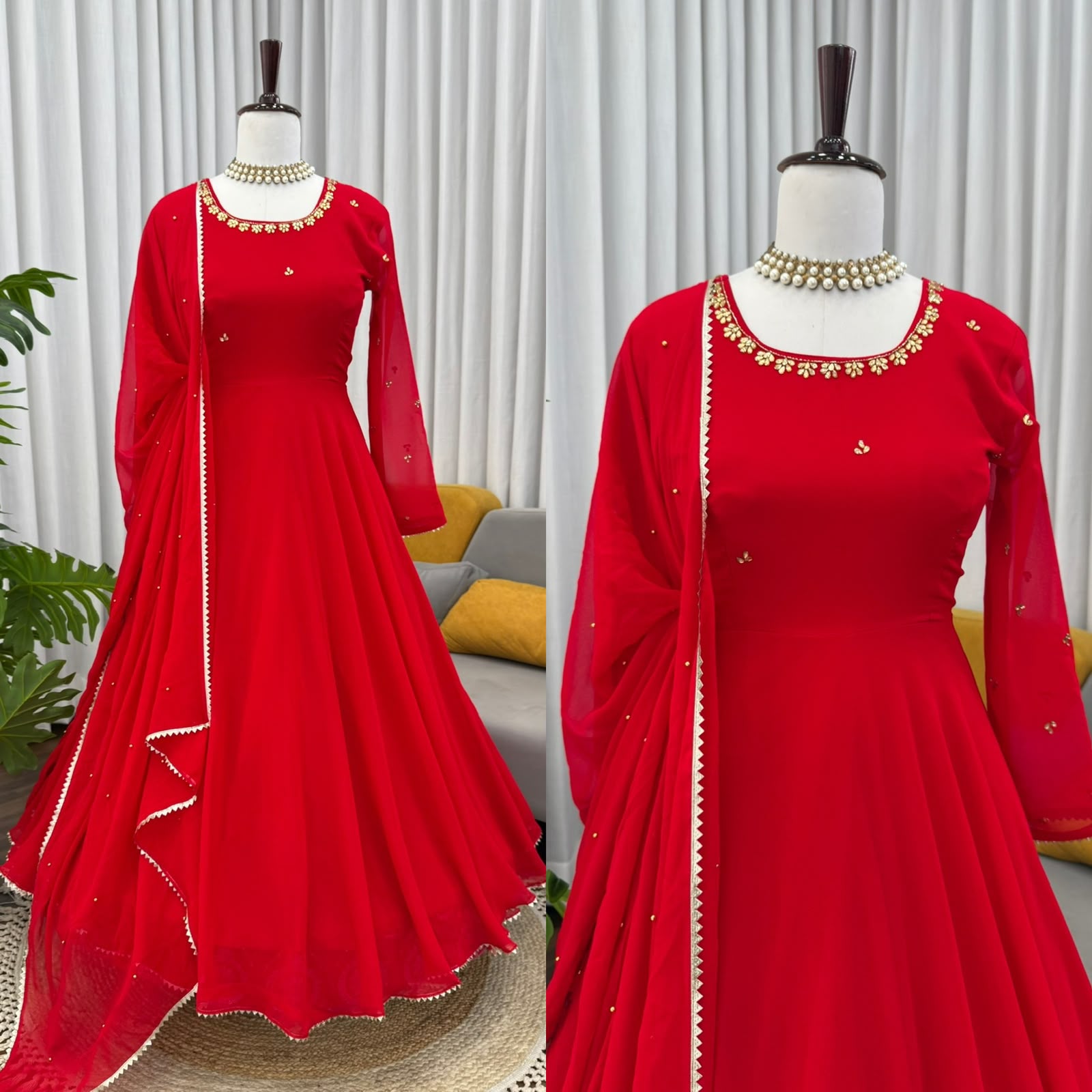 Handwork & Stone Embroidered Faux Georgette Flared Gown Set with Dupatta