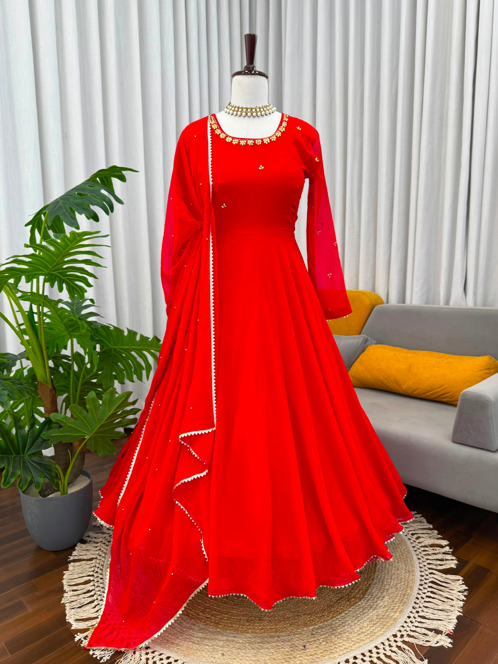 Handwork & Stone Embroidered Faux Georgette Flared Gown Set with Dupatta