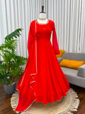 Handwork & Stone Embroidered Faux Georgette Flared Gown Set with Dupatta