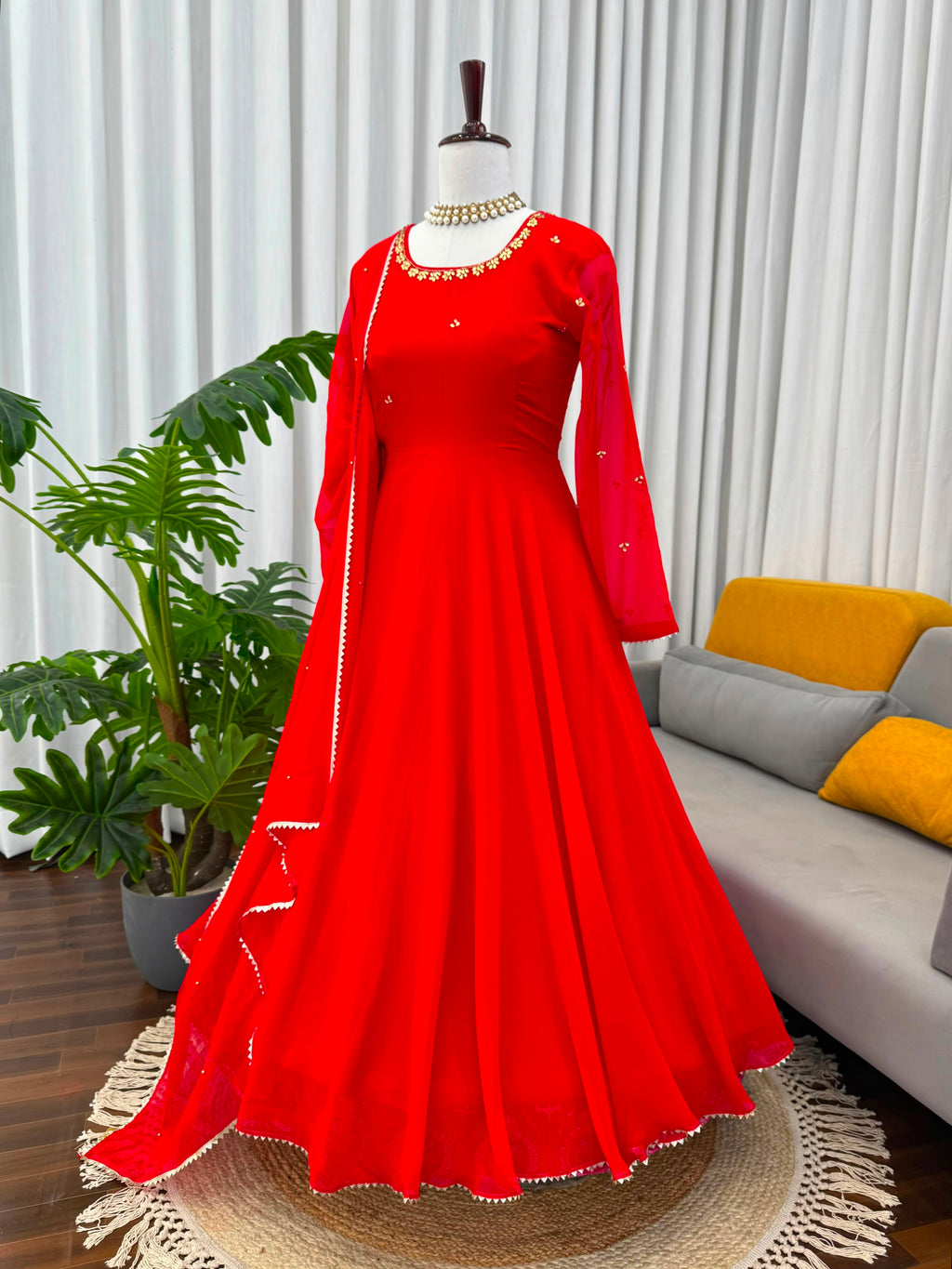 Handwork & Stone Embroidered Faux Georgette Flared Gown Set with Dupatta