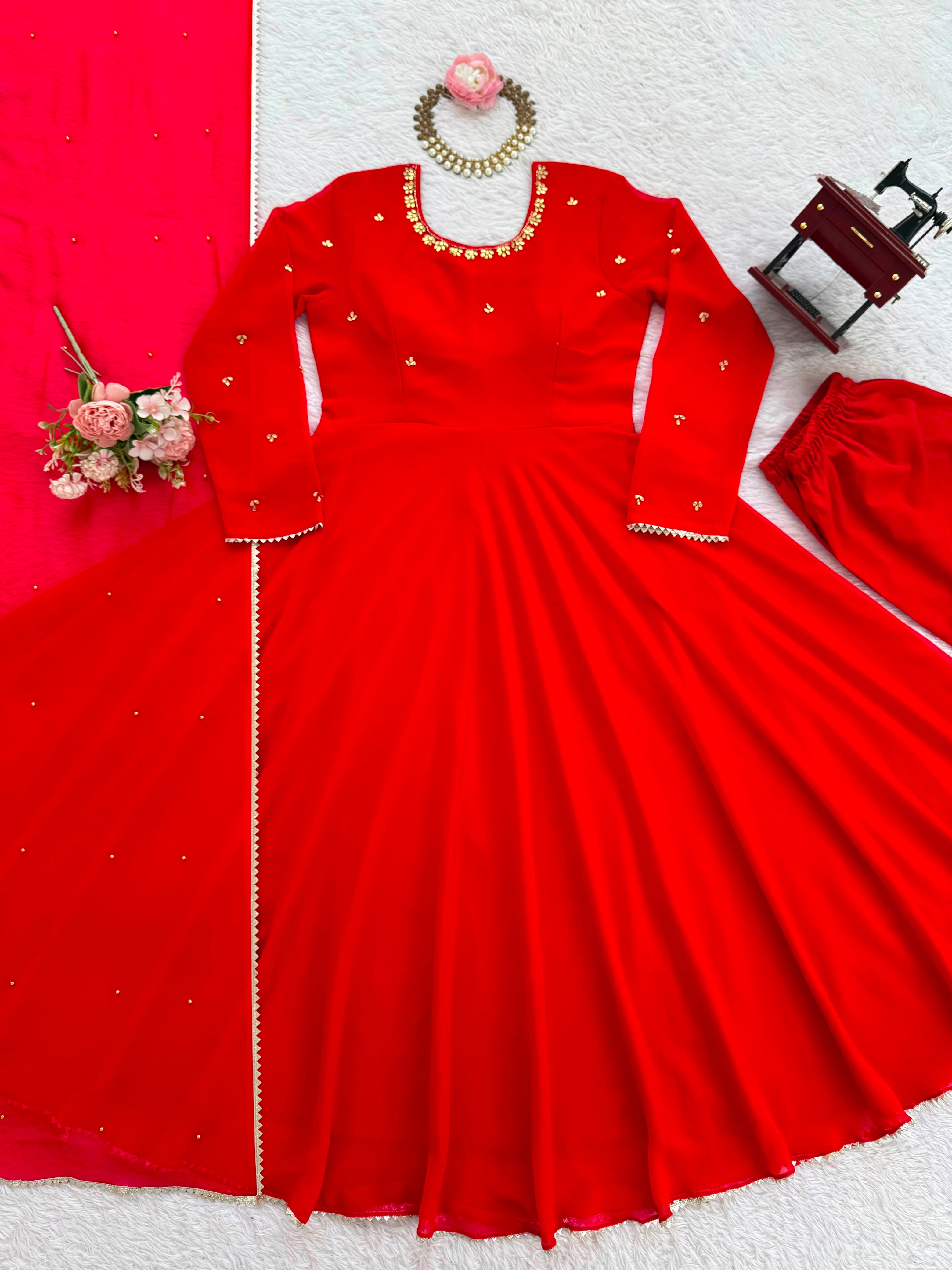 Handwork & Stone Embroidered Faux Georgette Flared Gown Set with Dupatta