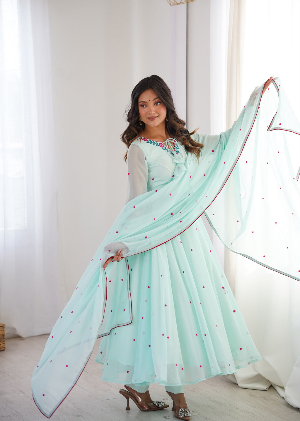 7.1-Meter Flared Heavy Faux Georgette Anarkali Suit Set with Thread Embroidery