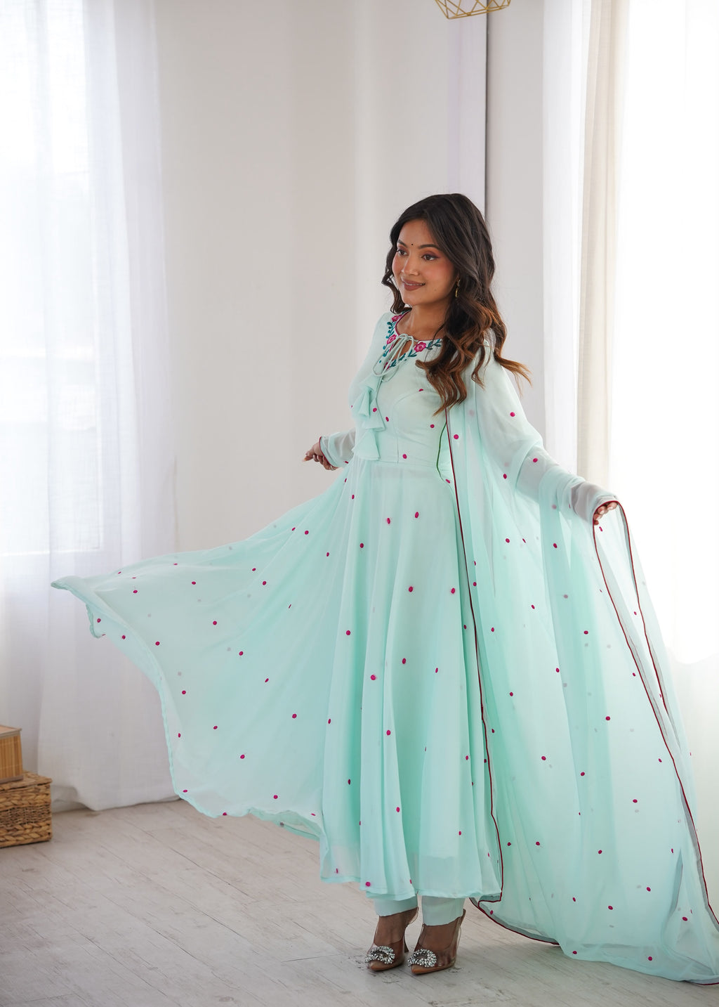 7.1-Meter Flared Heavy Faux Georgette Anarkali Suit Set with Thread Embroidery