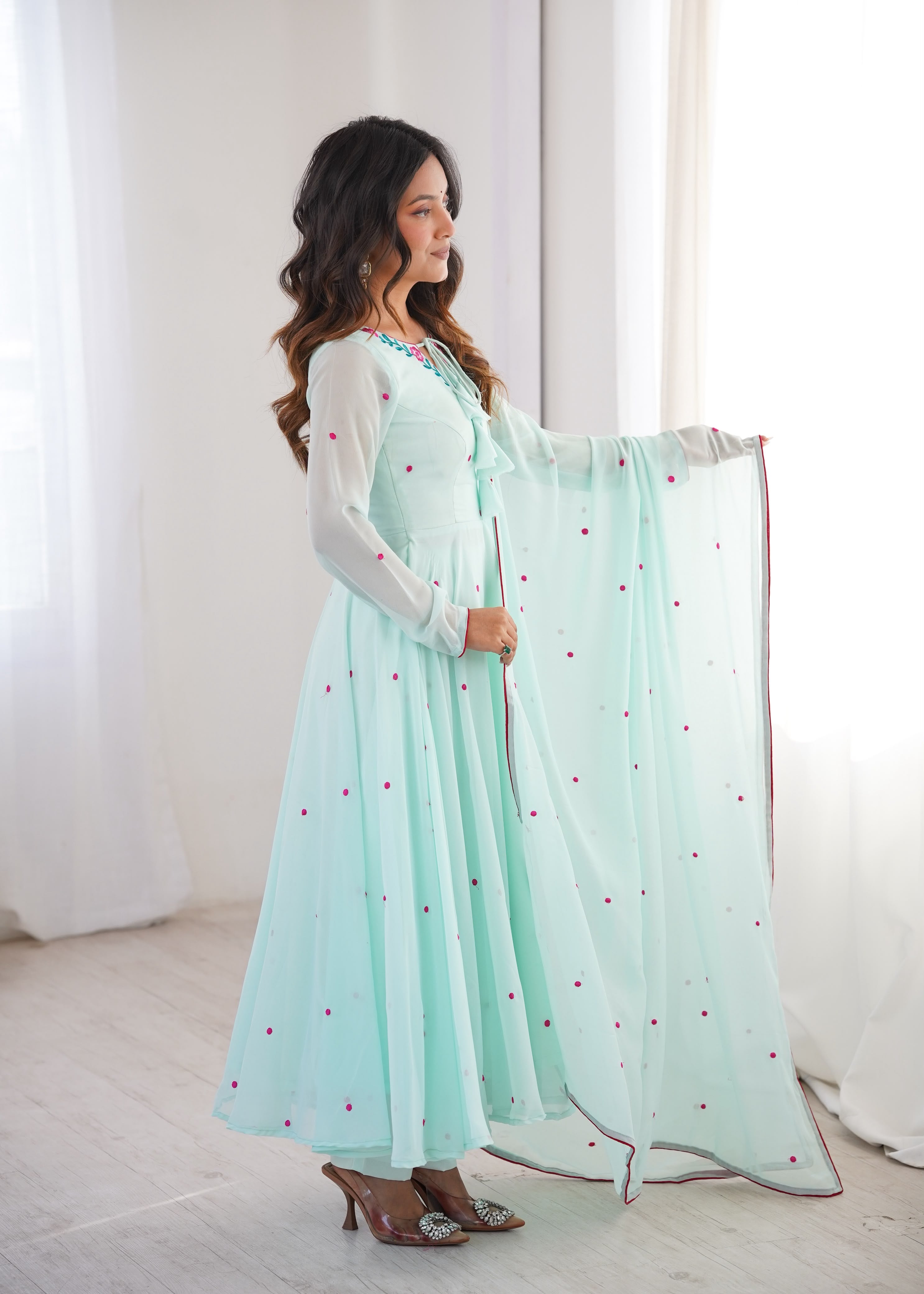 7.1-Meter Flared Heavy Faux Georgette Anarkali Suit Set with Thread Embroidery