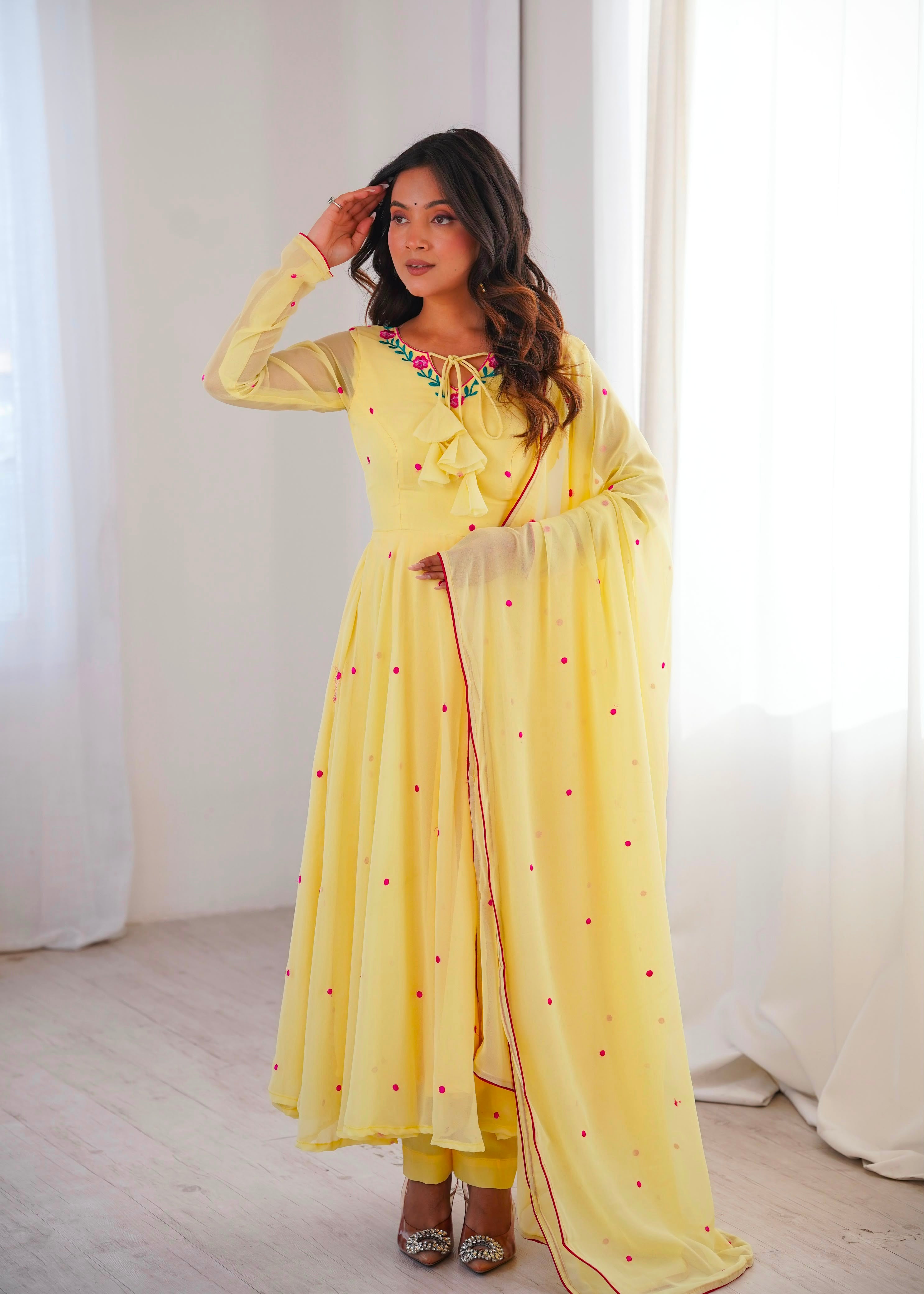 7.1-Meter Flared Heavy Faux Georgette Anarkali Suit Set with Thread Embroidery
