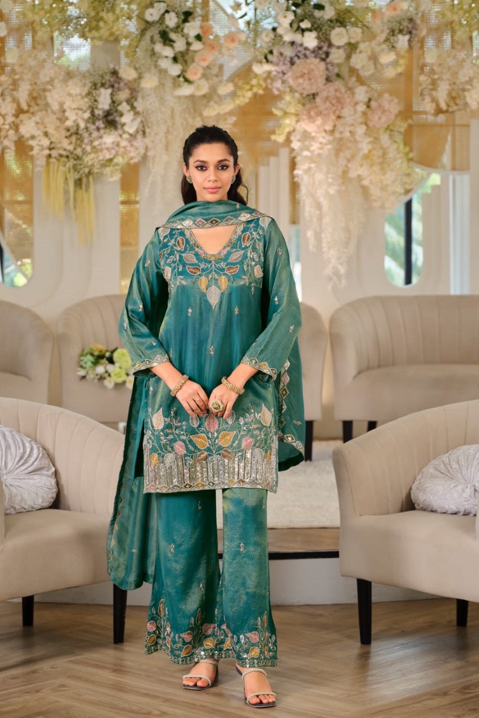 Pure NC Moss Silk Sequins Embroidered Top & Palazzo Set with Dupatta