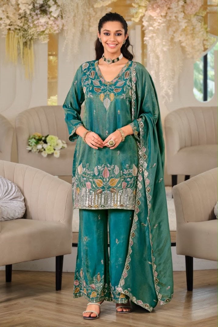 Pure NC Moss Silk Sequins Embroidered Top & Palazzo Set with Dupatta