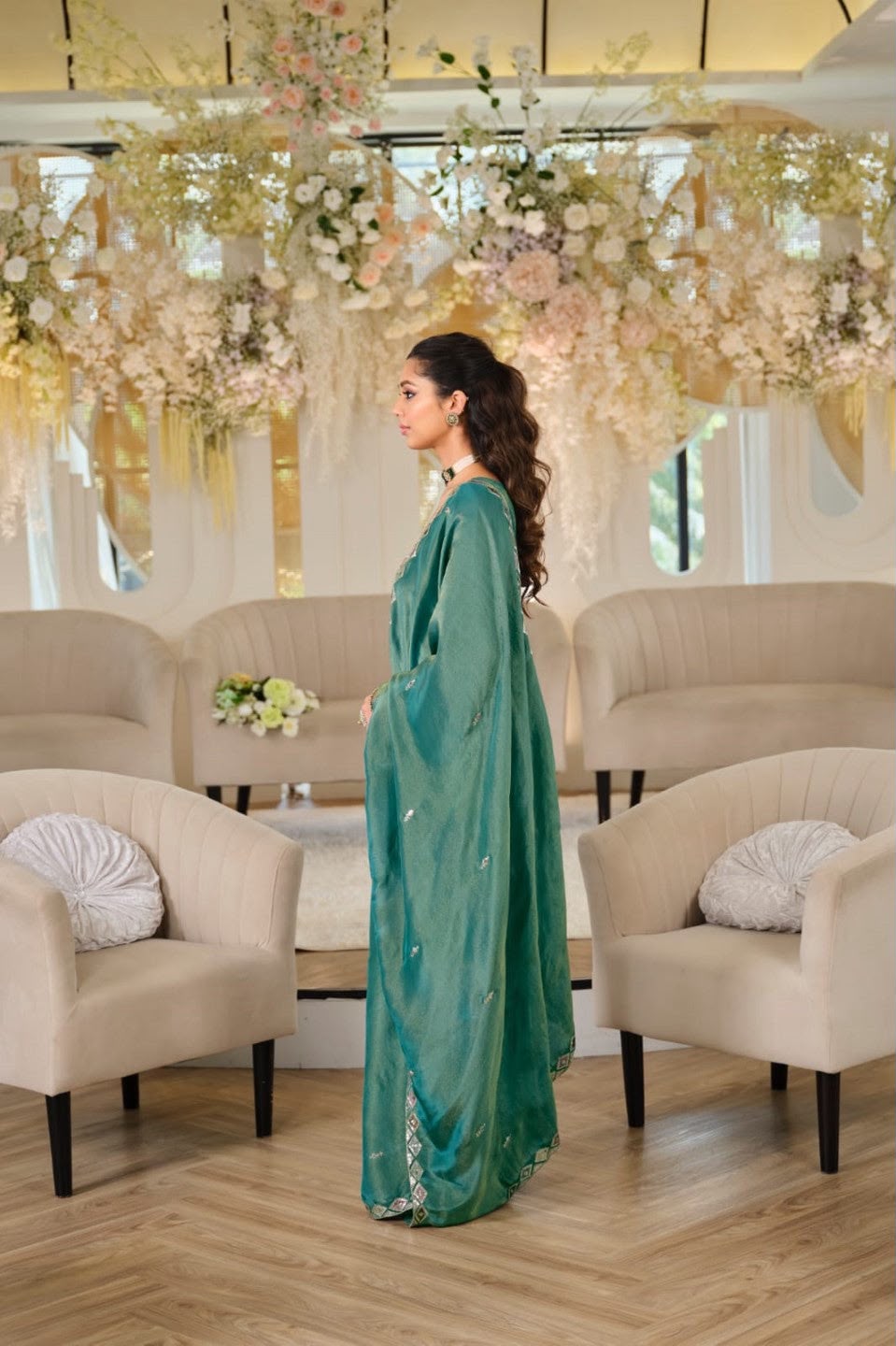 Pure NC Moss Silk Sequins Embroidered Top & Palazzo Set with Dupatta