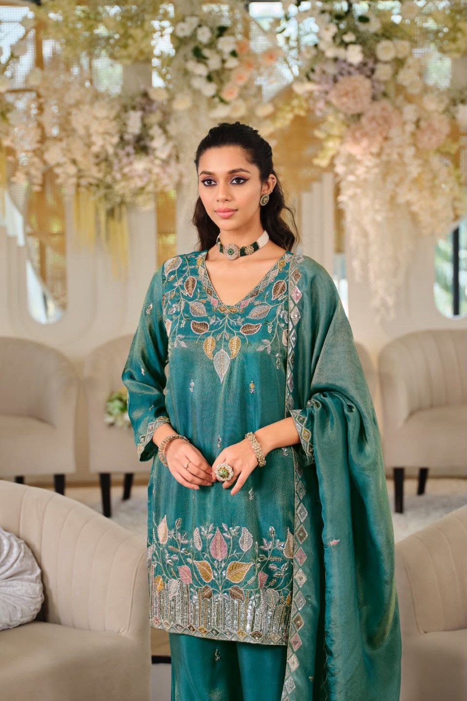 Pure NC Moss Silk Sequins Embroidered Top & Palazzo Set with Dupatta