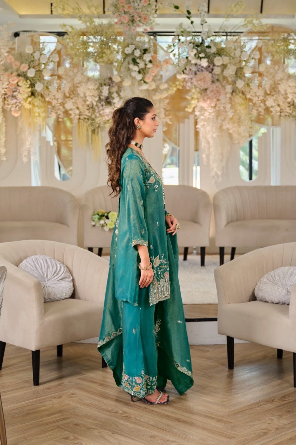Pure NC Moss Silk Sequins Embroidered Top & Palazzo Set with Dupatta