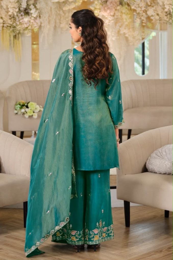 Pure NC Moss Silk Sequins Embroidered Top & Palazzo Set with Dupatta