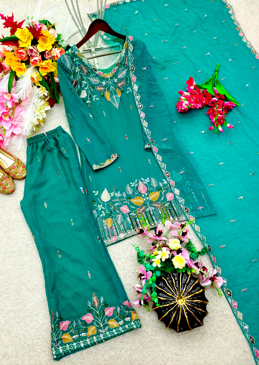 Pure NC Moss Silk Sequins Embroidered Top & Palazzo Set with Dupatta