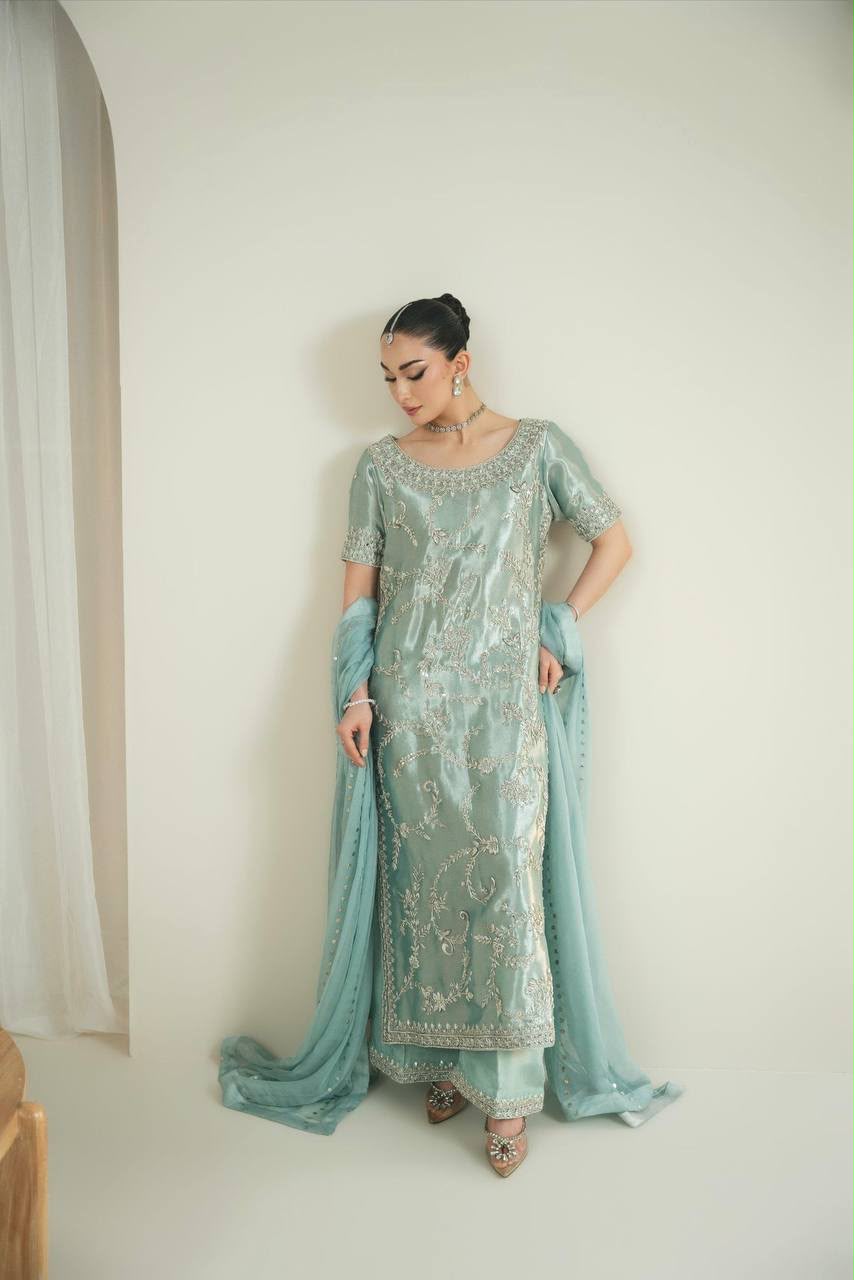 Pure Viscose Chanderi Kurta Set with Tabby Organza Dupatta – Fully Stitched