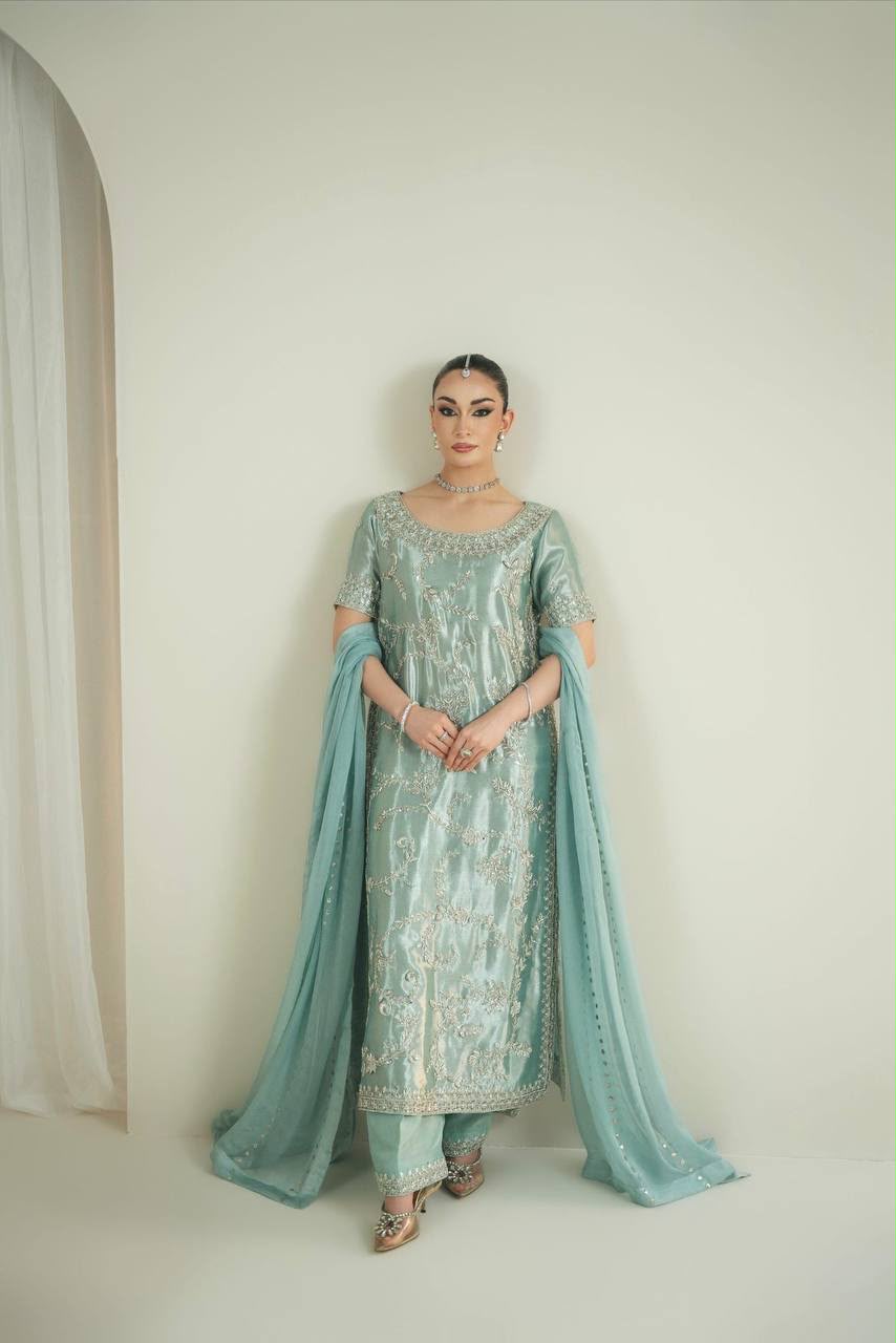 Pure Viscose Chanderi Kurta Set with Tabby Organza Dupatta – Fully Stitched
