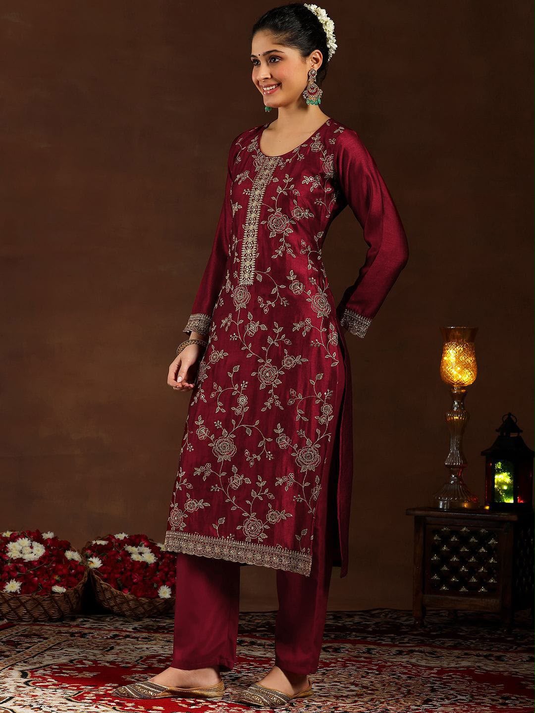 Pure Vichitra Silk Kurta Set with Embroidered Dupatta
