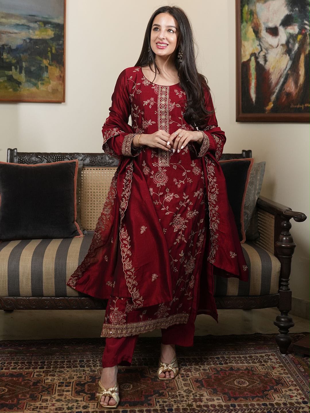 Pure Vichitra Silk Kurta Set with Embroidered Dupatta