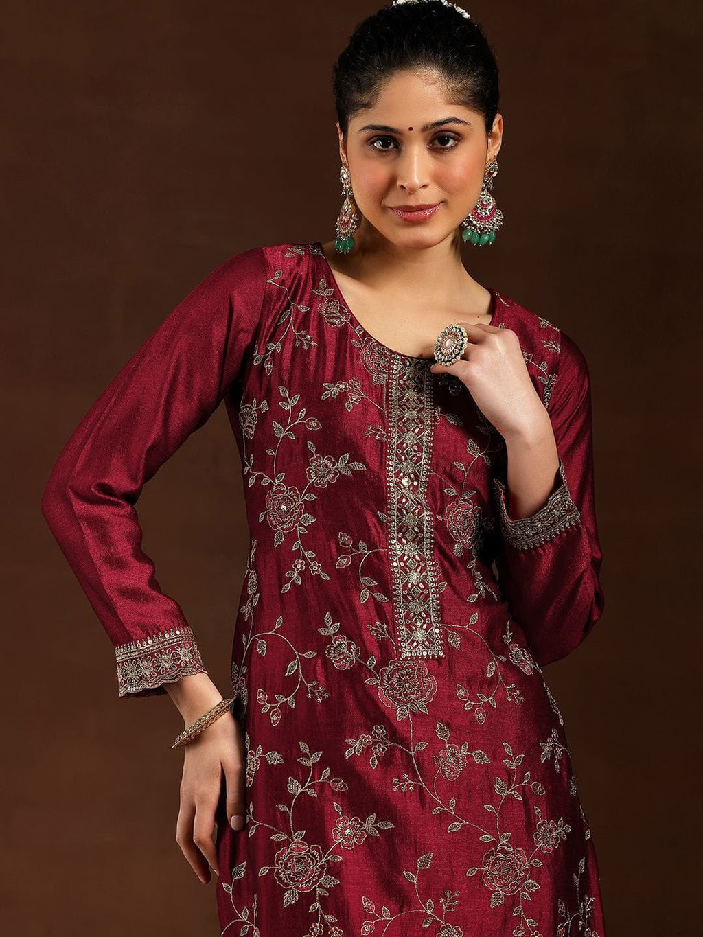 Pure Vichitra Silk Kurta Set with Embroidered Dupatta