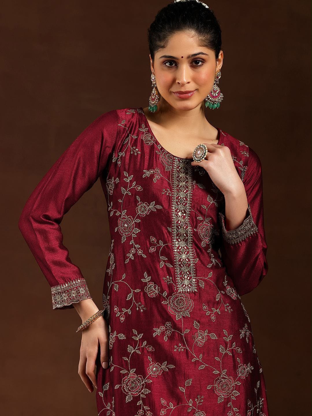 Pure Vichitra Silk Kurta Set with Embroidered Dupatta