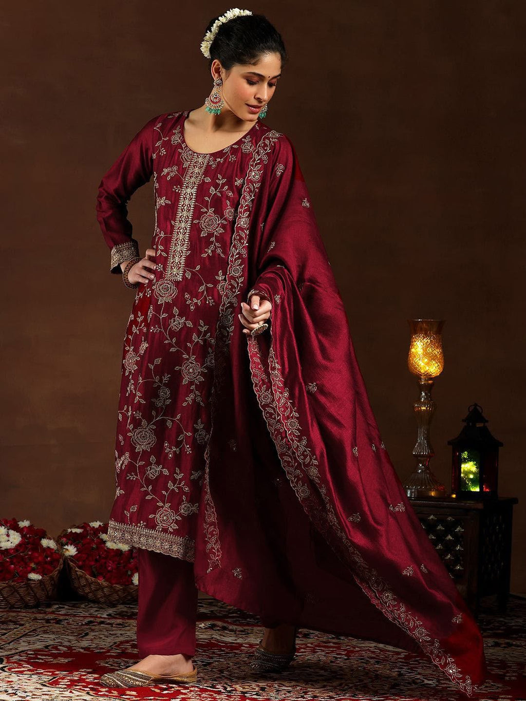 Pure Vichitra Silk Kurta Set with Embroidered Dupatta