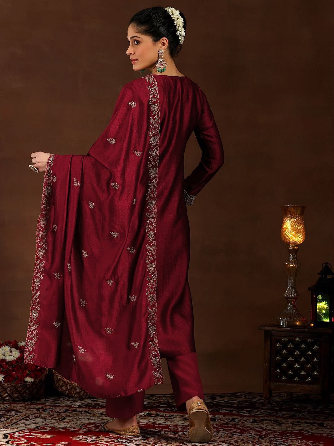 Pure Vichitra Silk Kurta Set with Embroidered Dupatta