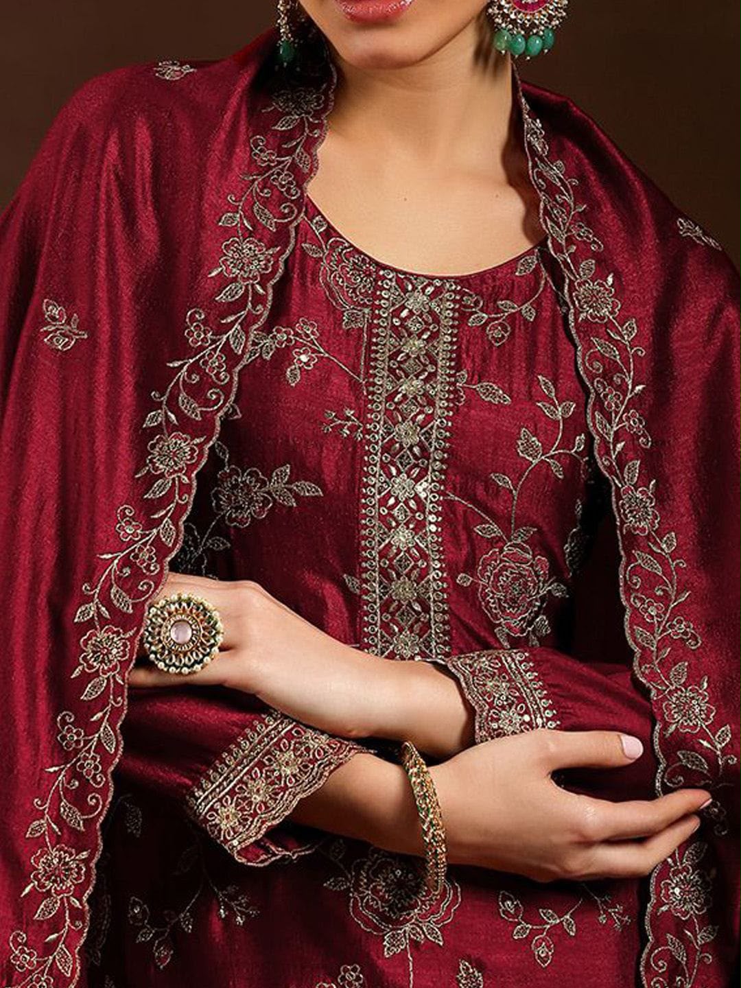 Pure Vichitra Silk Kurta Set with Embroidered Dupatta