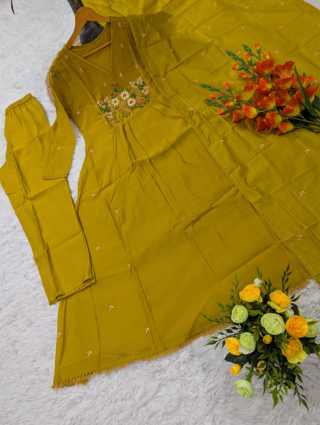 Pure Viscose Mul Chanderi Kurta Set with Embroidered Dupatta