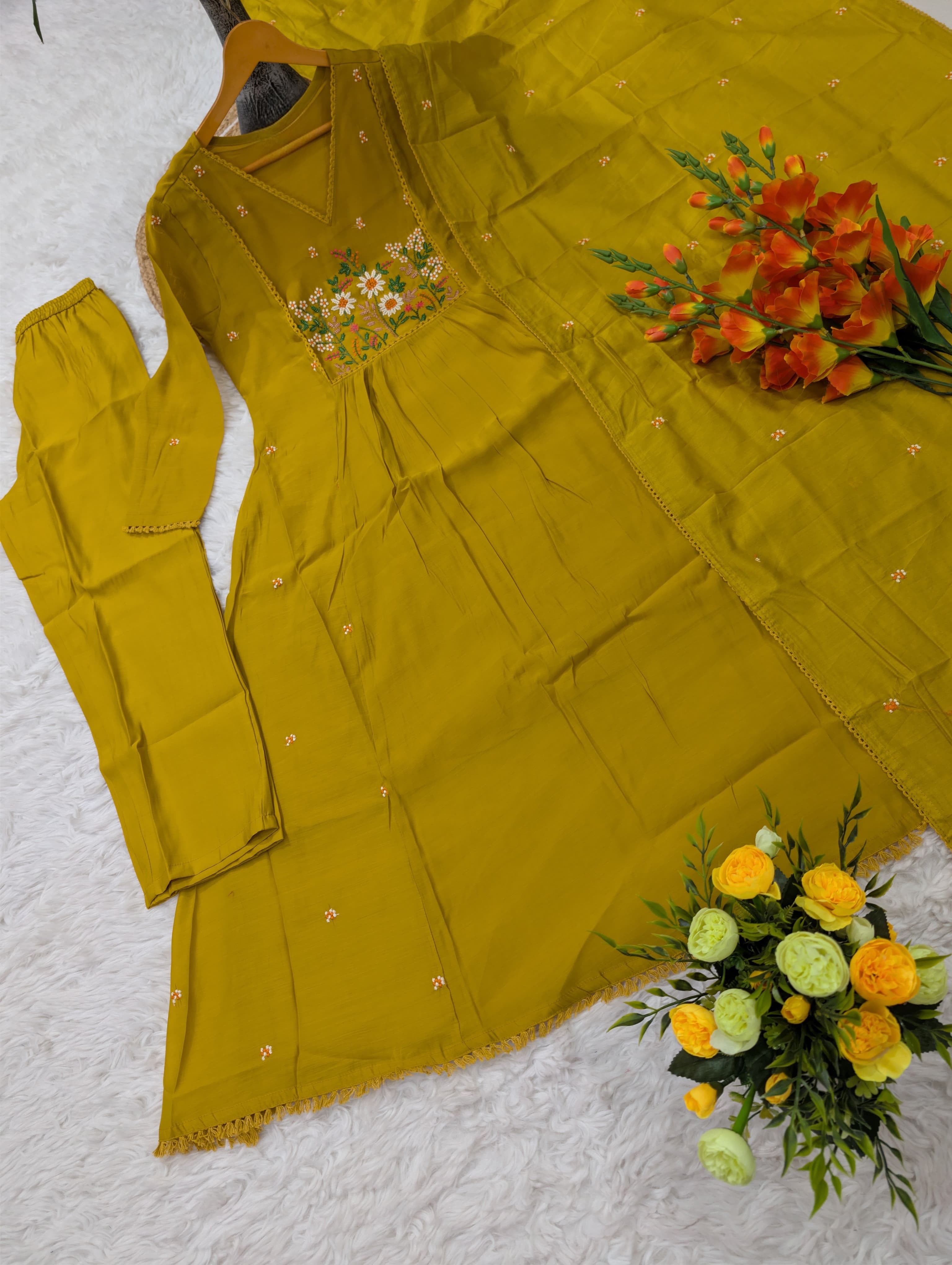 Pure Viscose Mul Chanderi Kurta Set with Embroidered Dupatta
