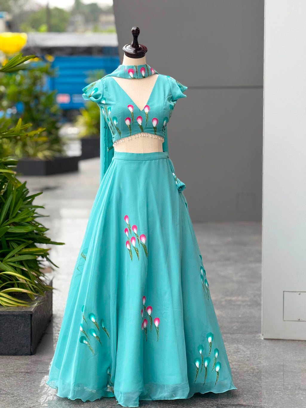 Handpainted Georgette Lehenga Choli Set with Designer Padded Blouse & Pleated Dupatta