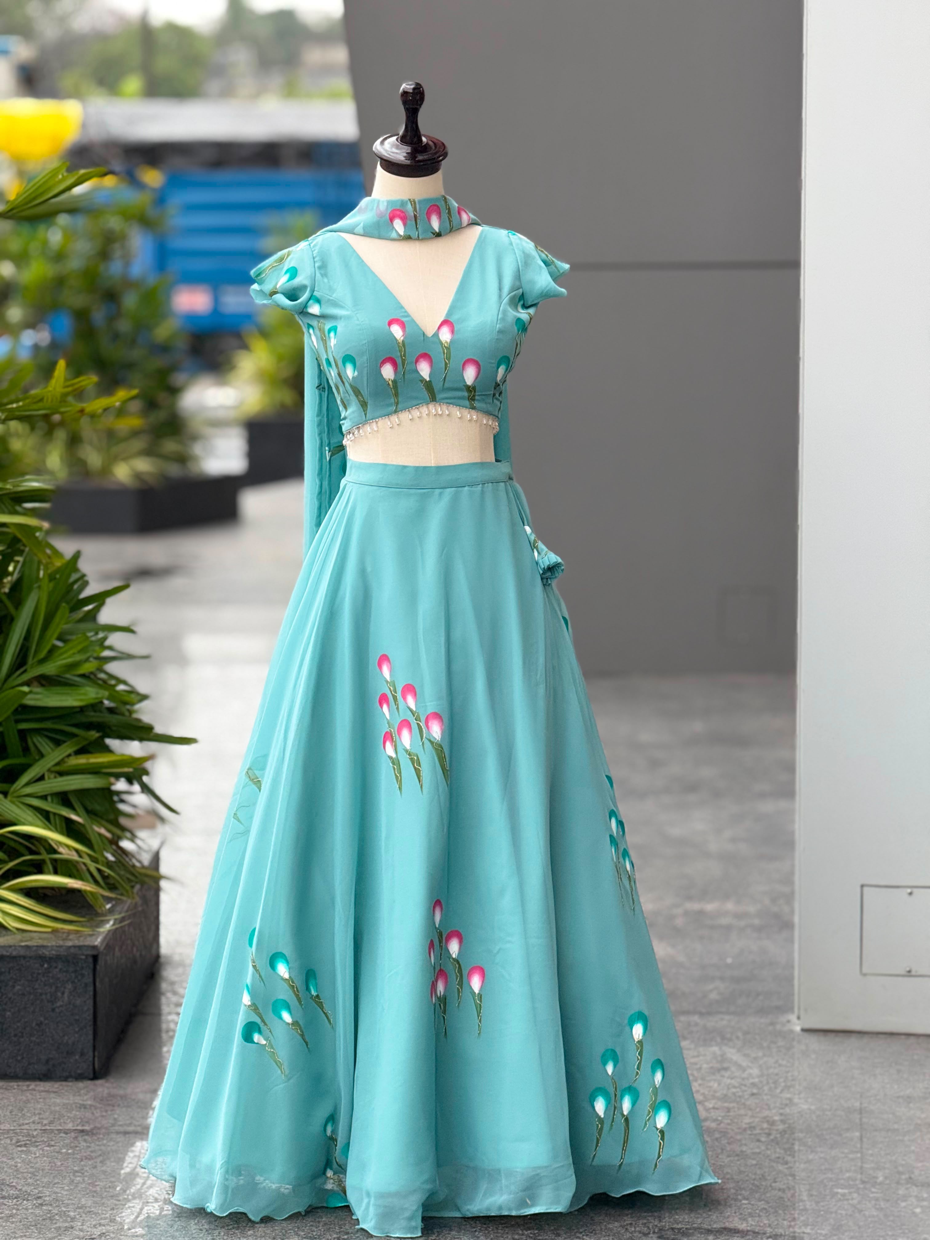 Handpainted Georgette Lehenga Choli Set with Designer Padded Blouse & Pleated Dupatta