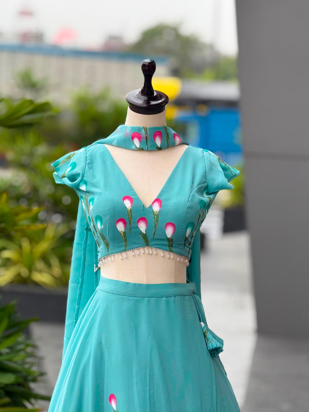 Handpainted Georgette Lehenga Choli Set with Designer Padded Blouse & Pleated Dupatta