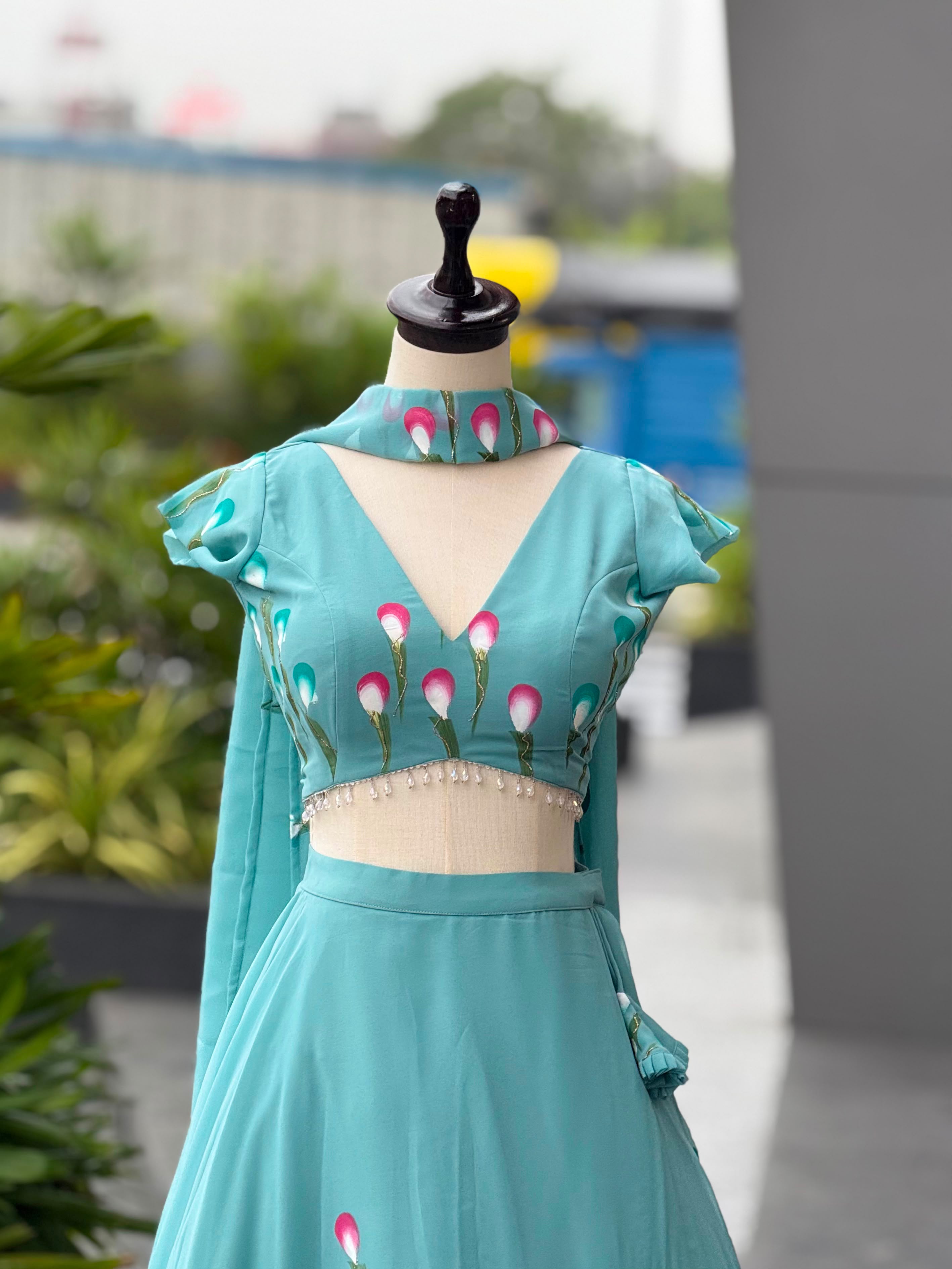 Handpainted Georgette Lehenga Choli Set with Designer Padded Blouse & Pleated Dupatta