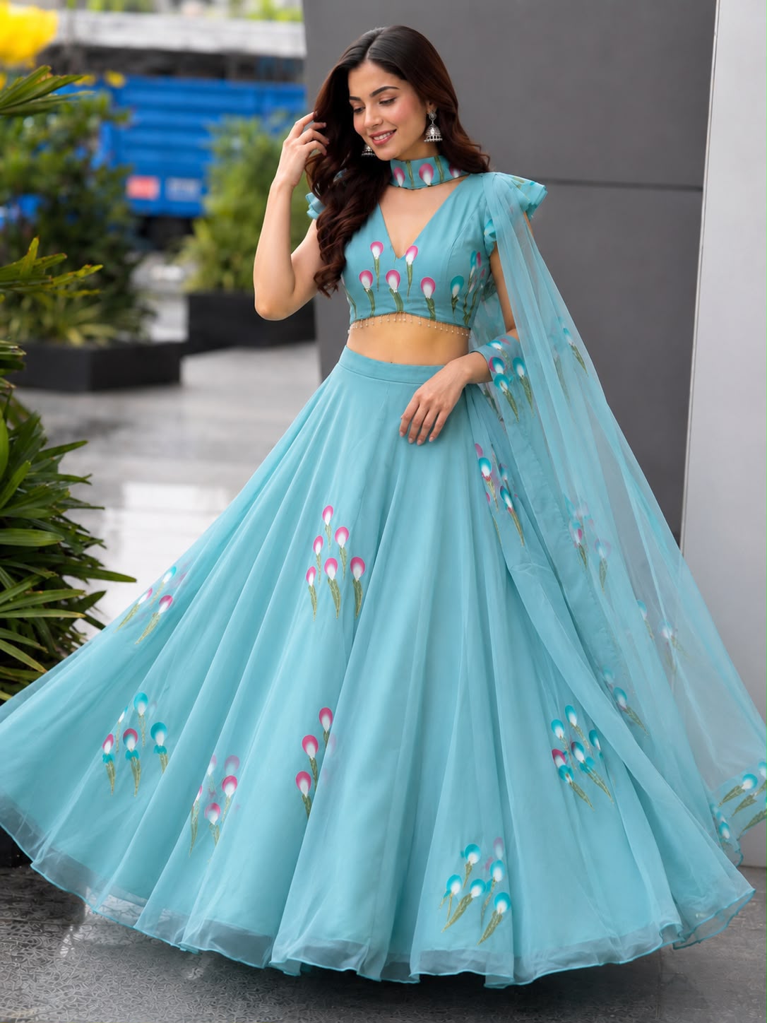 Handpainted Georgette Lehenga Choli Set with Designer Padded Blouse & Pleated Dupatta