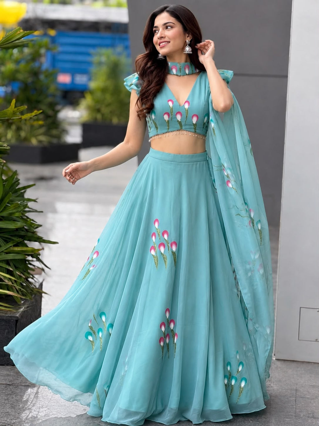 Handpainted Georgette Lehenga Choli Set with Designer Padded Blouse & Pleated Dupatta