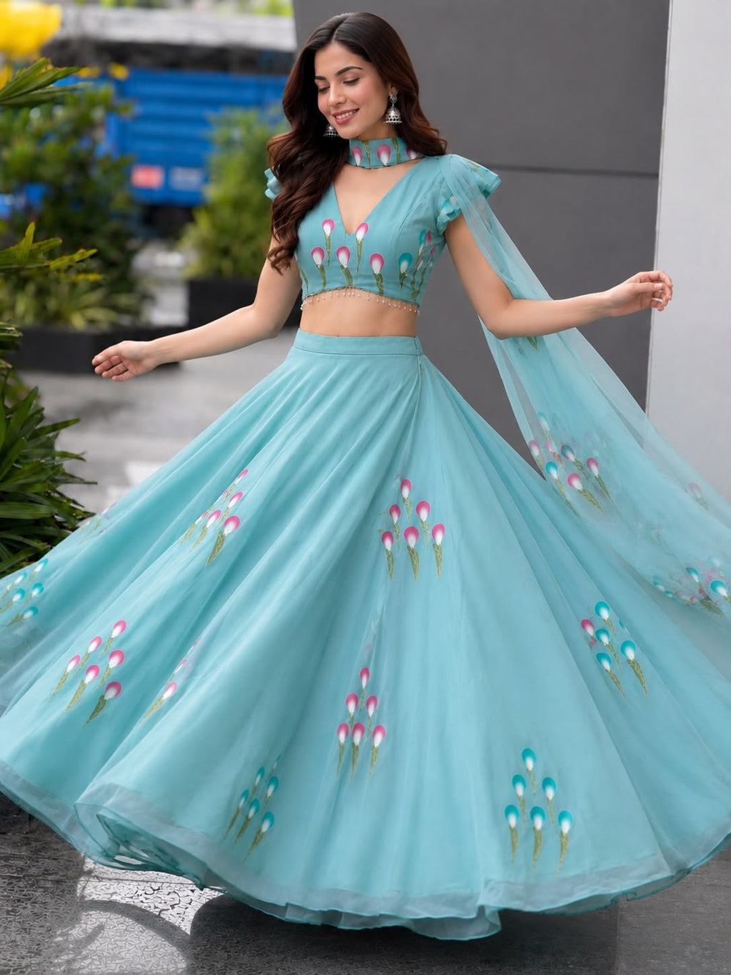 Handpainted Georgette Lehenga Choli Set with Designer Padded Blouse & Pleated Dupatta