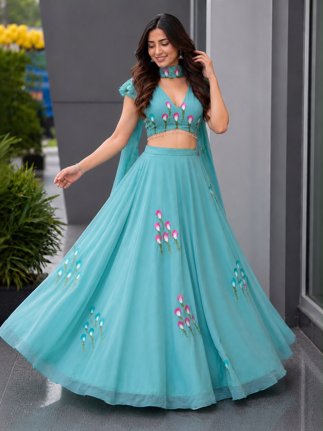 Handpainted Georgette Lehenga Choli Set with Designer Padded Blouse & Pleated Dupatta