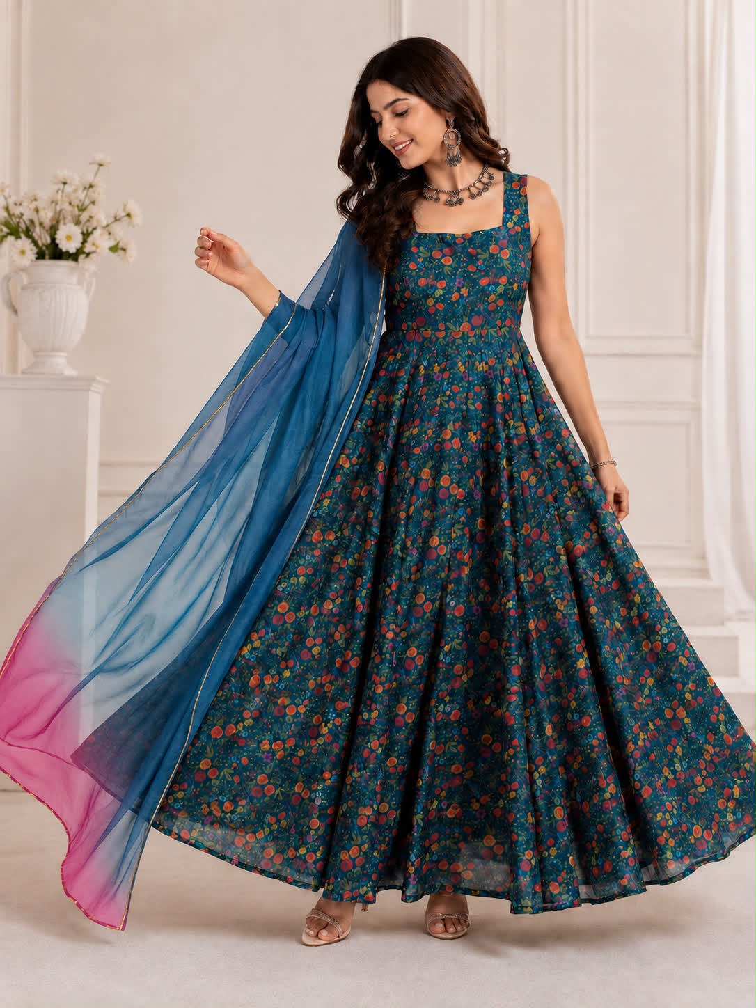 Exclusive Jimmy Organza Silk Digital Print Anarkali Gown with Dupatta