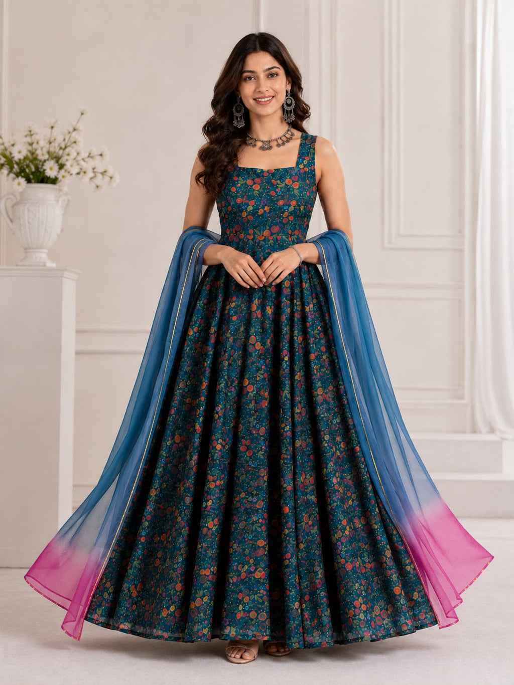 Exclusive Jimmy Organza Silk Digital Print Anarkali Gown with Dupatta