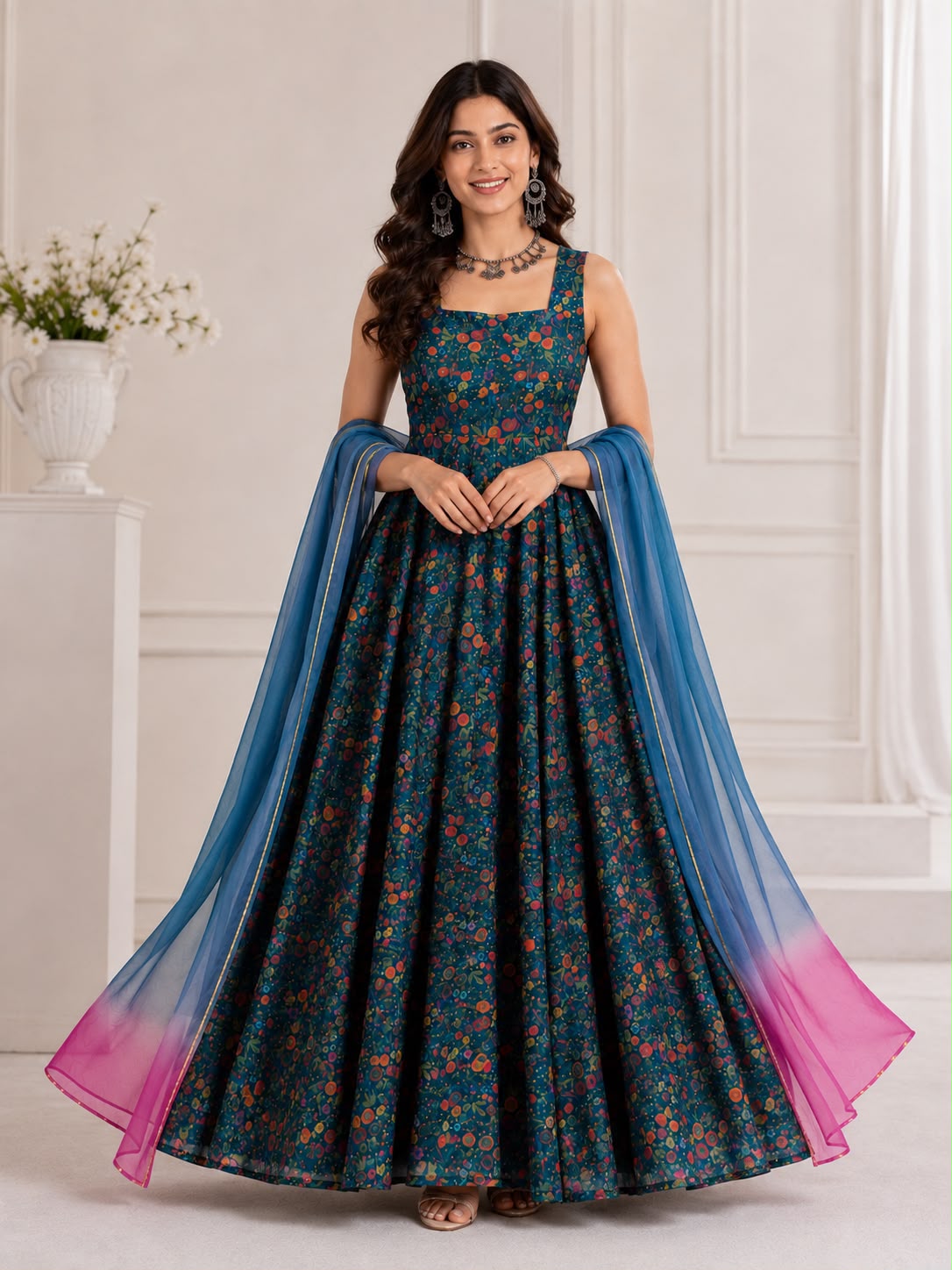 Exclusive Jimmy Organza Silk Digital Print Anarkali Gown with Dupatta