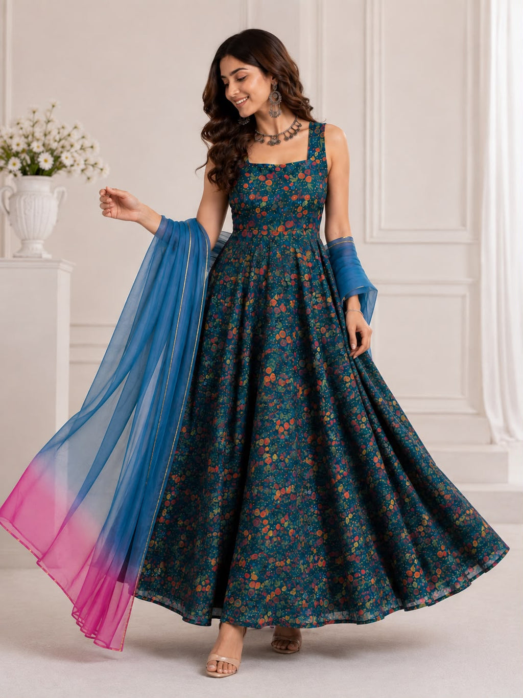 Exclusive Jimmy Organza Silk Digital Print Anarkali Gown with Dupatta