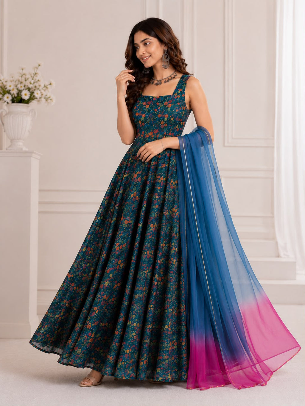 Exclusive Jimmy Organza Silk Digital Print Anarkali Gown with Dupatta
