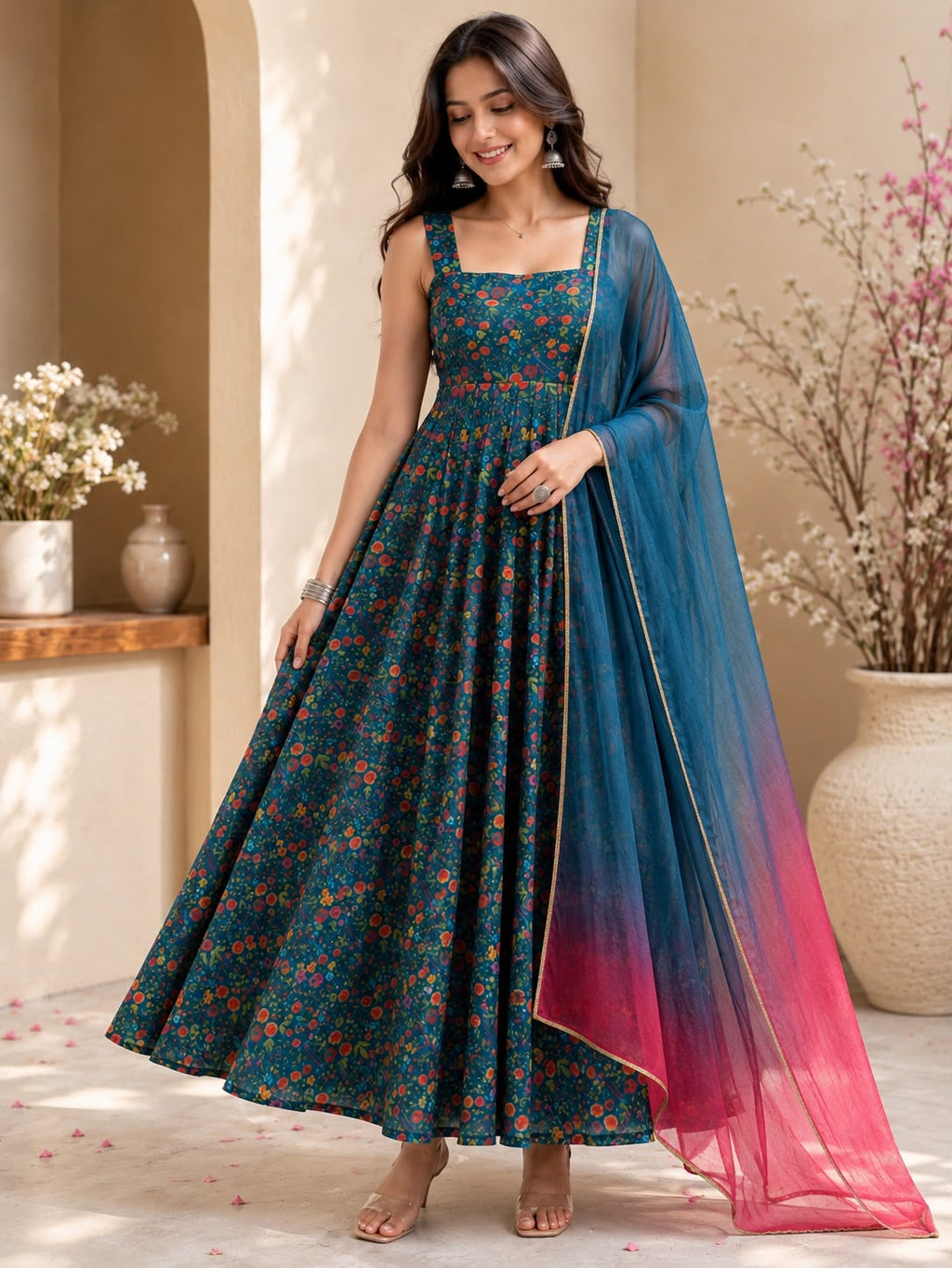 Exclusive Jimmy Organza Silk Digital Print Anarkali Gown with Dupatta