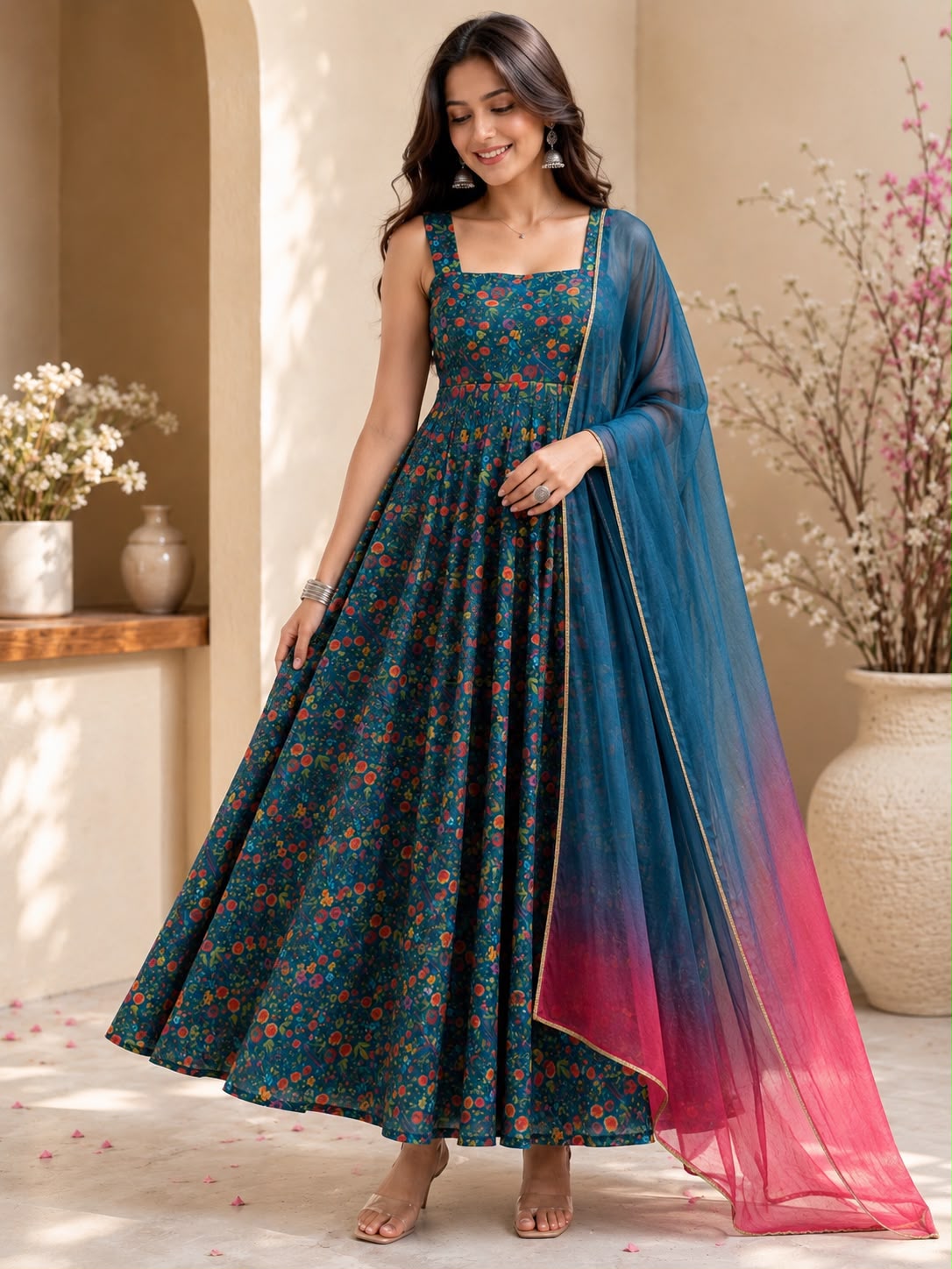 Exclusive Jimmy Organza Silk Digital Print Anarkali Gown with Dupatta