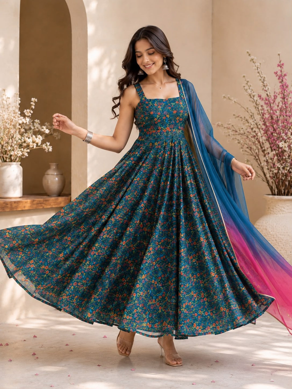 Exclusive Jimmy Organza Silk Digital Print Anarkali Gown with Dupatta