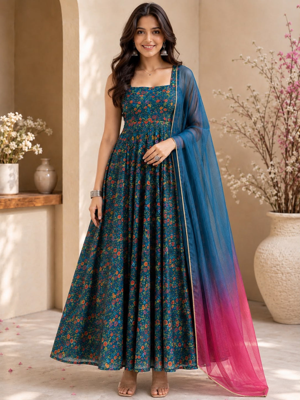 Exclusive Jimmy Organza Silk Digital Print Anarkali Gown with Dupatta
