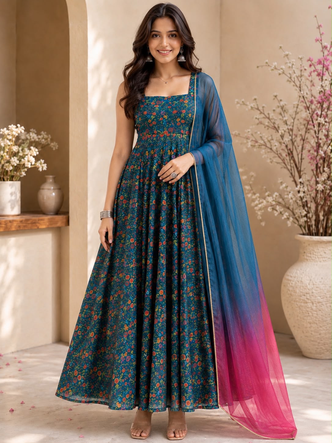 Exclusive Jimmy Organza Silk Digital Print Anarkali Gown with Dupatta