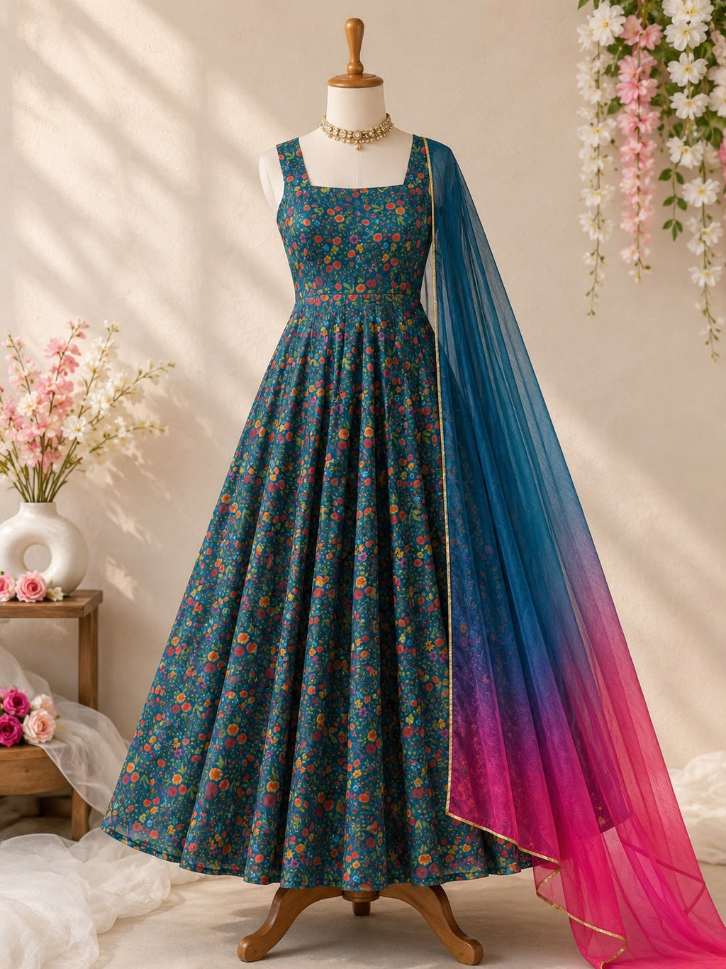 Exclusive Jimmy Organza Silk Digital Print Anarkali Gown with Dupatta